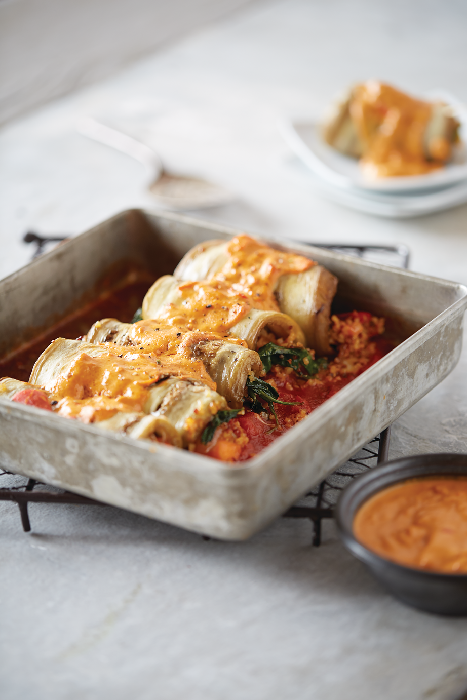 Aubergine Cannelloni with Pine Nut Romesco Sauce